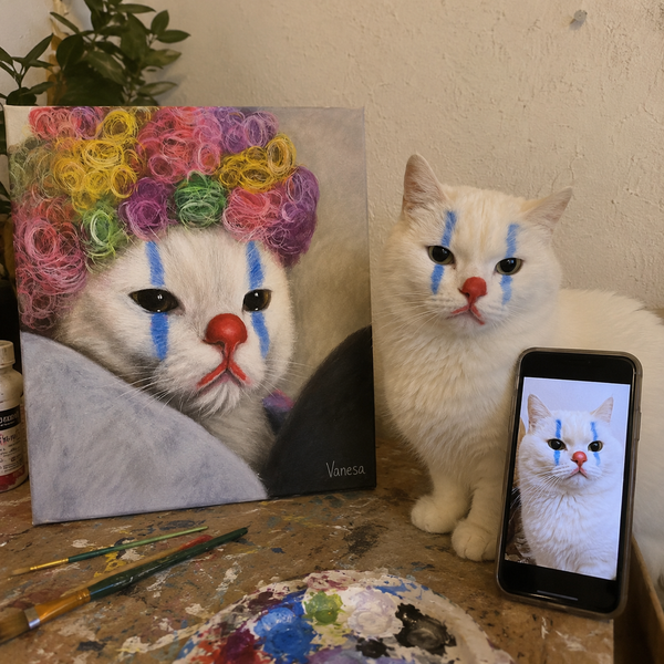 Custom Clown Cat Portrait from Photo – Personalized Pet Canvas Wall Art story