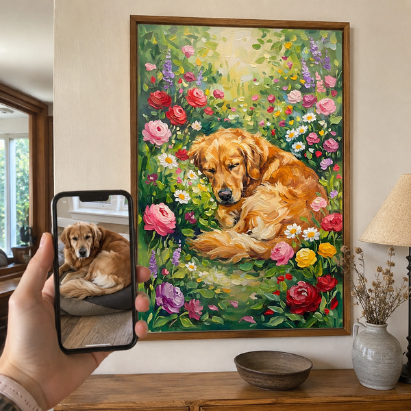 Custom Pet Memorial Portrait – Colorful Floral Dog Wall Art story