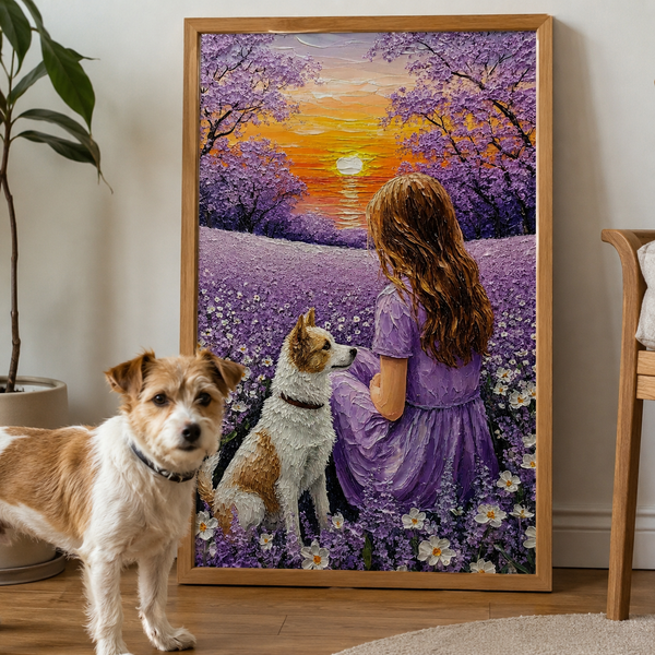 Custom Pet & Owner Portrait – Lavender Sunset Framed Art story