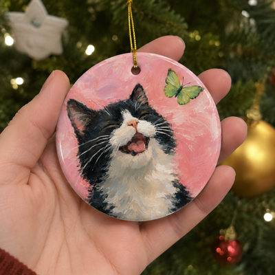 Personalized Cat And Butterfly Ceramic Ornament - Hand-illustrated Print