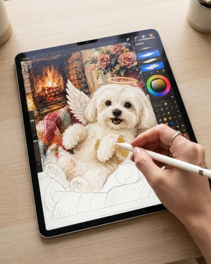 The portrait being painted by hand