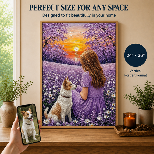 Custom Pet & Owner Portrait – Lavender Sunset Framed Art