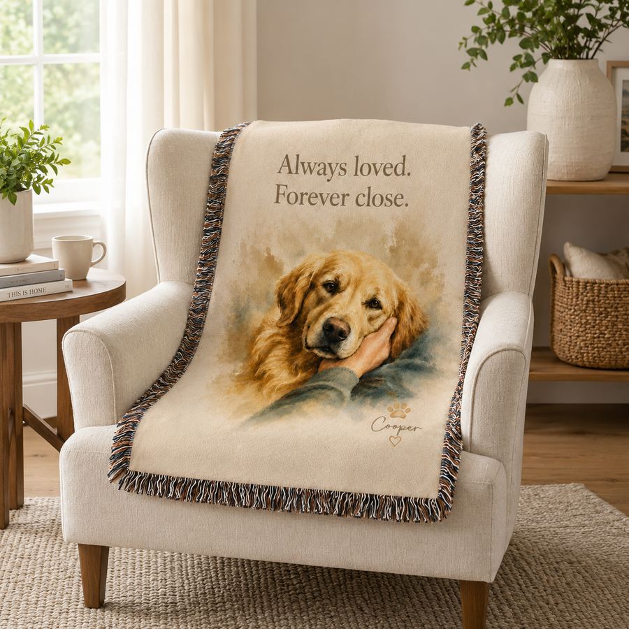 Custom Pet Portrait Woven Blanket from Photo – Personalized Dog Keepsake Throw