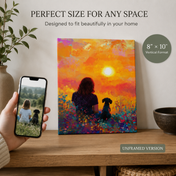 Custom Pet & Owner Portrait – Colorful Sunset Field Wall Art