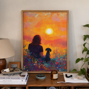 Custom Pet & Owner Portrait – Colorful Sunset Field Wall Art
