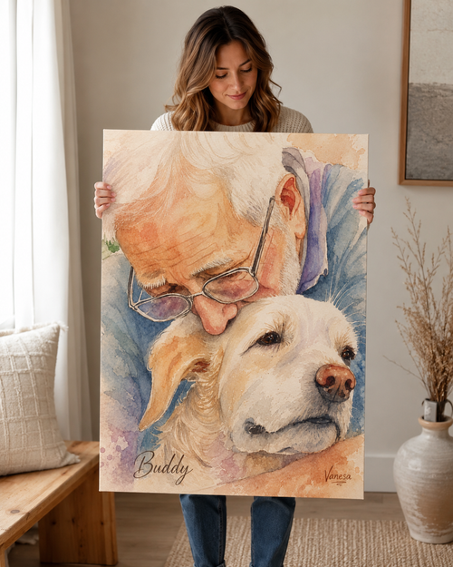 Custom Pet Memorial Portrait – Owner and Dog Framed Artwork