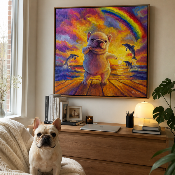 Custom Pet Portrait Canvas – Rainbow Sunset Dog Wall Art story