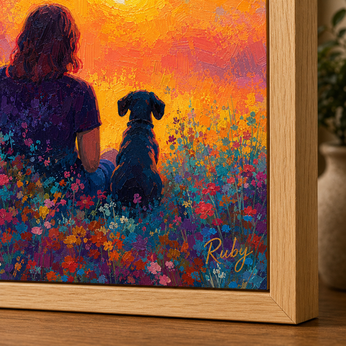 Custom Pet & Owner Portrait – Colorful Sunset Field Wall Art