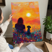 Custom Pet & Owner Portrait – Colorful Sunset Field Wall Art