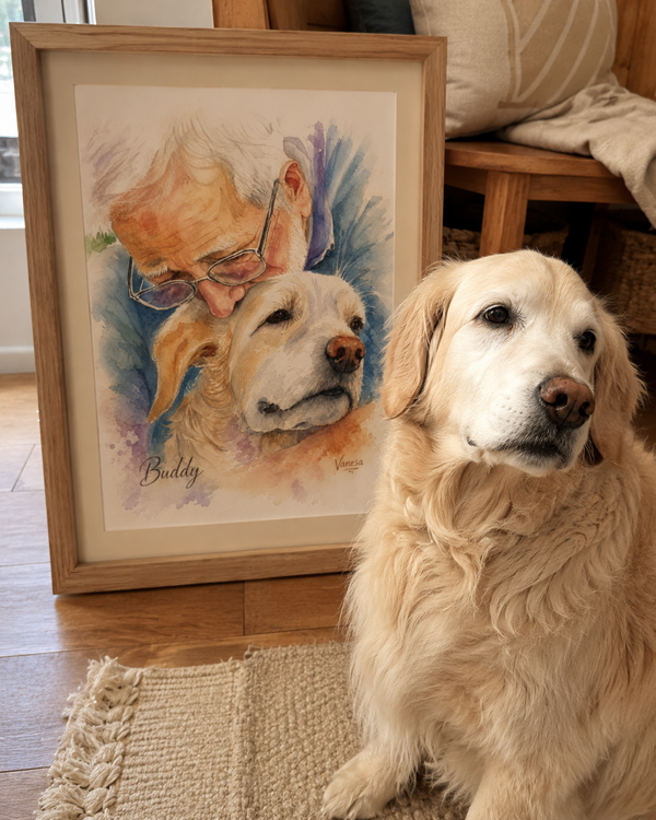 Custom Pet Memorial Portrait – Owner and Dog Framed Artwork story