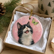 Personalized Cat And Butterfly Ceramic Ornament - Hand-illustrated Print