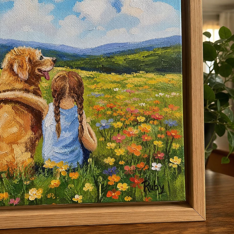 Custom Pet Memorial Portrait In Wildflower Field – Personalized Canvas Painting