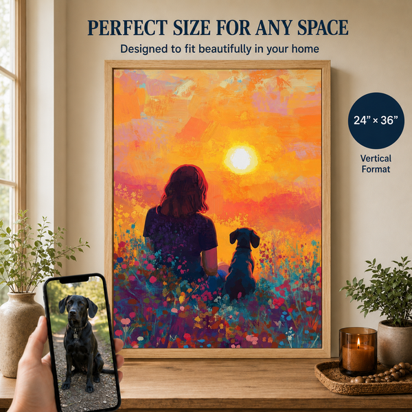 Custom Pet & Owner Portrait – Colorful Sunset Field Wall Art