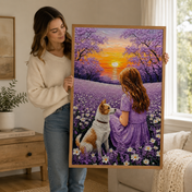 Custom Pet & Owner Portrait – Lavender Sunset Framed Art