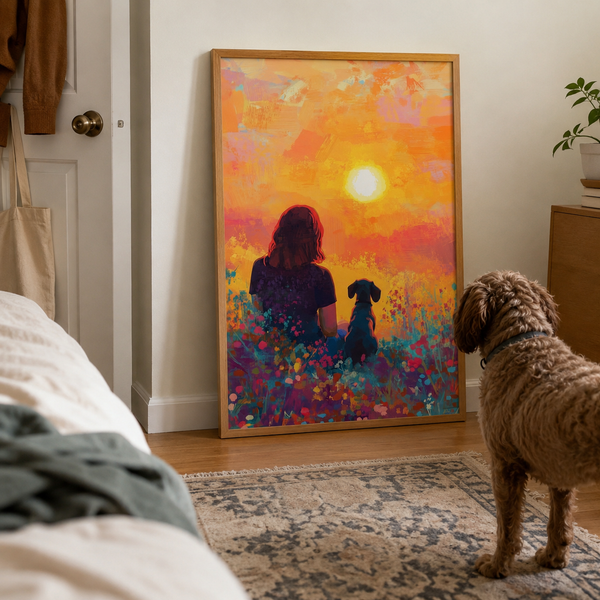 Custom Pet & Owner Portrait – Colorful Sunset Field Wall Art story