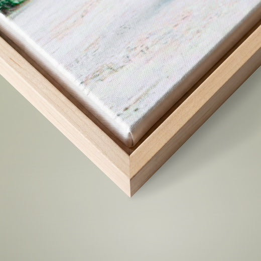 Archival giclée canvas edge detail — gallery-wrap pine frame with painted canvas wrap showing 200+ year museum-grade material