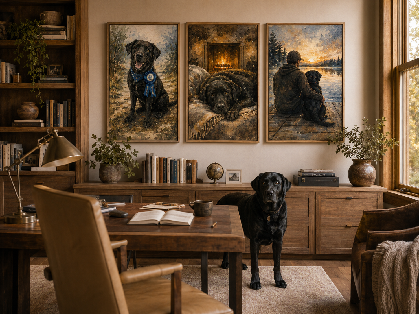 Sample Gallery Wall Set — 3 coordinated canvases by one matched artist, Horizontal layout, Walnut-Tone Framed Canvas hanging above a living room