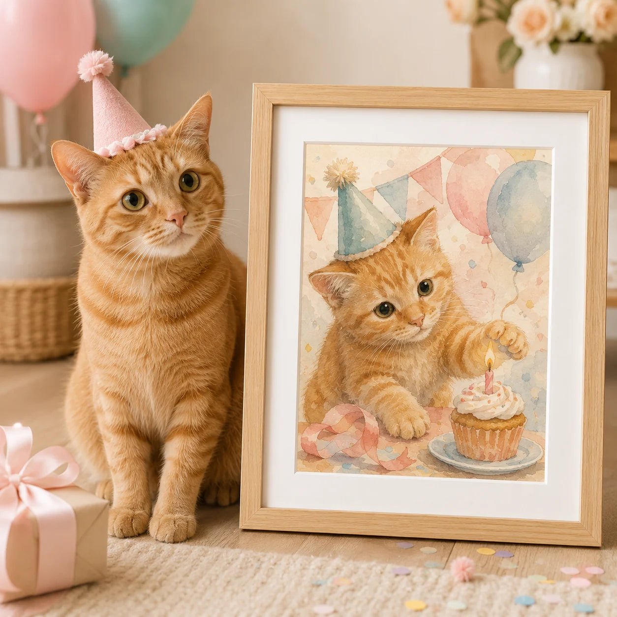 Hand-illustrated cat birthday portrait