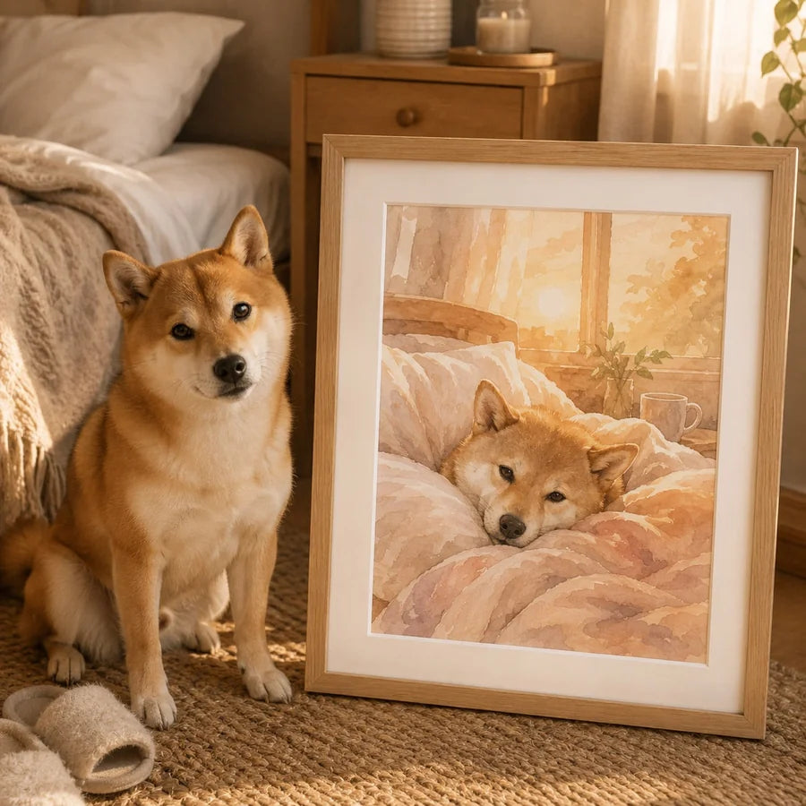Golden retriever and cat painting on wall