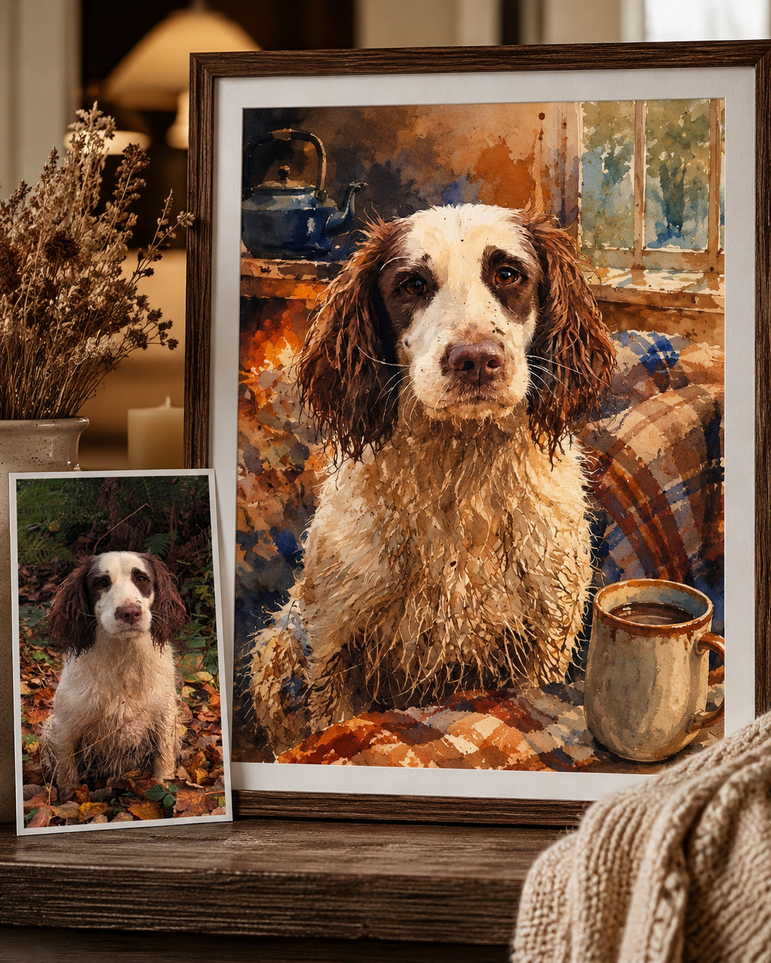 Single Print — hand-illustrated pet portrait in lifestyle frame display