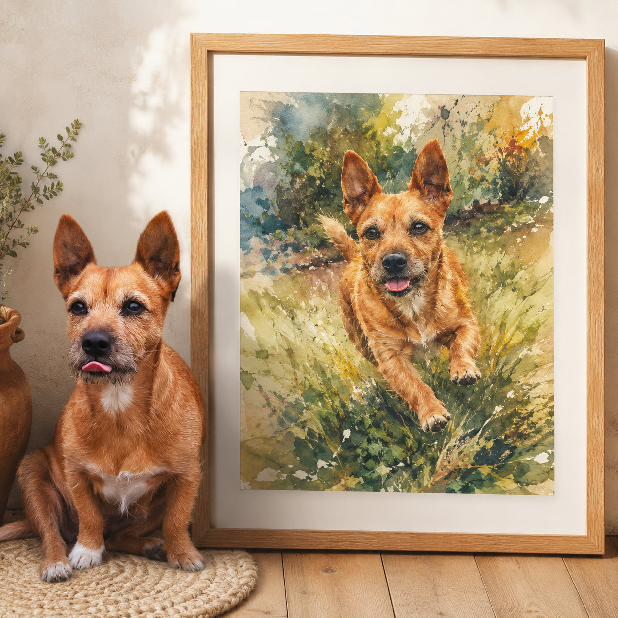 Playful Moments Pet Portrait — Garden Zoomies — mid-zoomies pet portrait in Walnut-Tone Framed Canvas, hanging on a feature wall