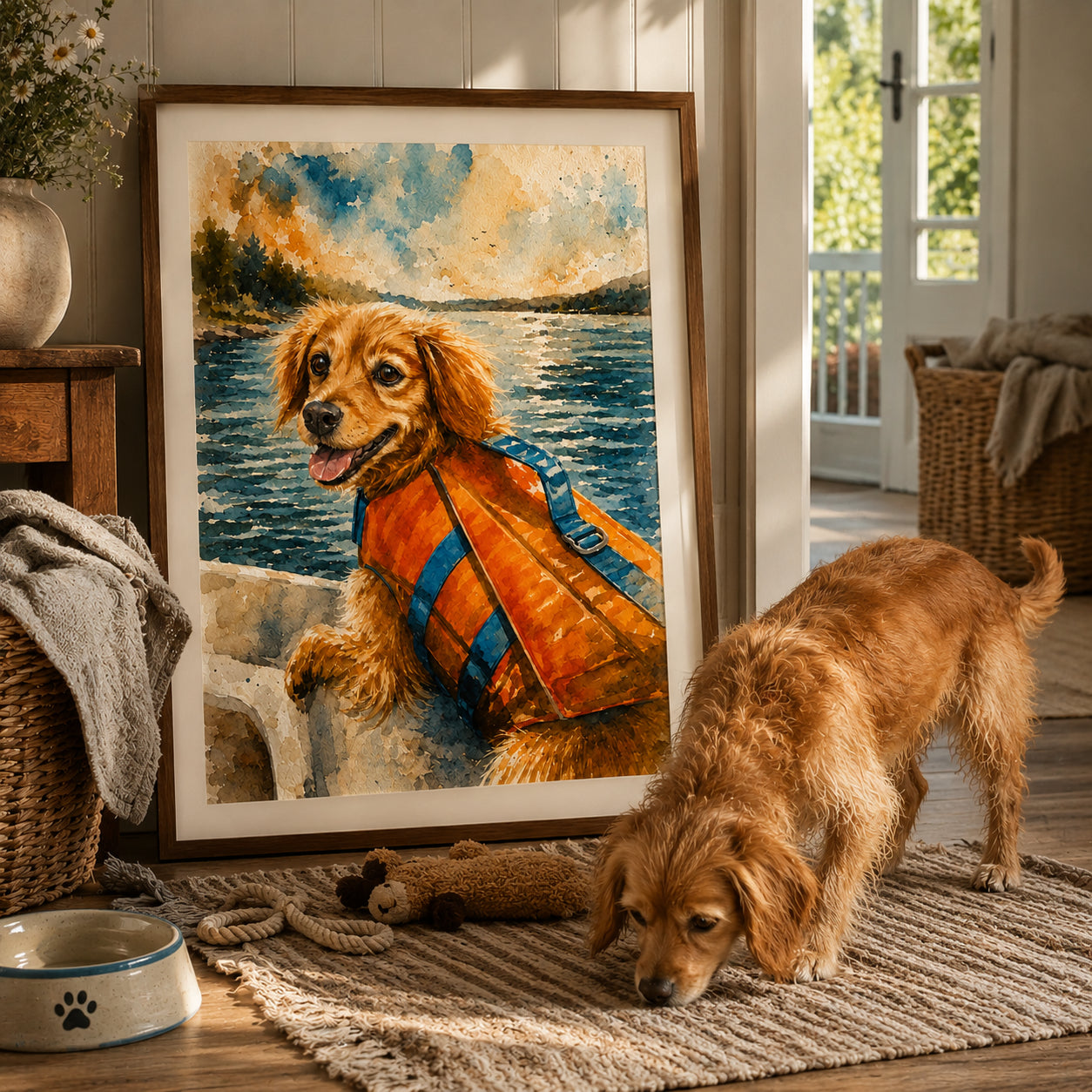 Walnut-Tone pinewood frame holding a Playful Moments canvas above a green sofa — actual production frame