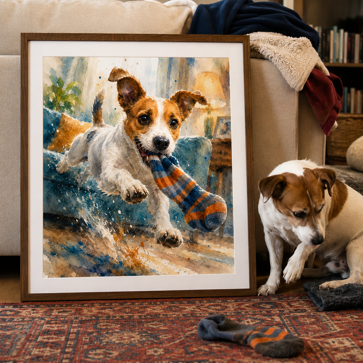 Archival giclée canvas — finished Playful Moments portrait of a pet, showing watercolor pigment texture on framed canvas