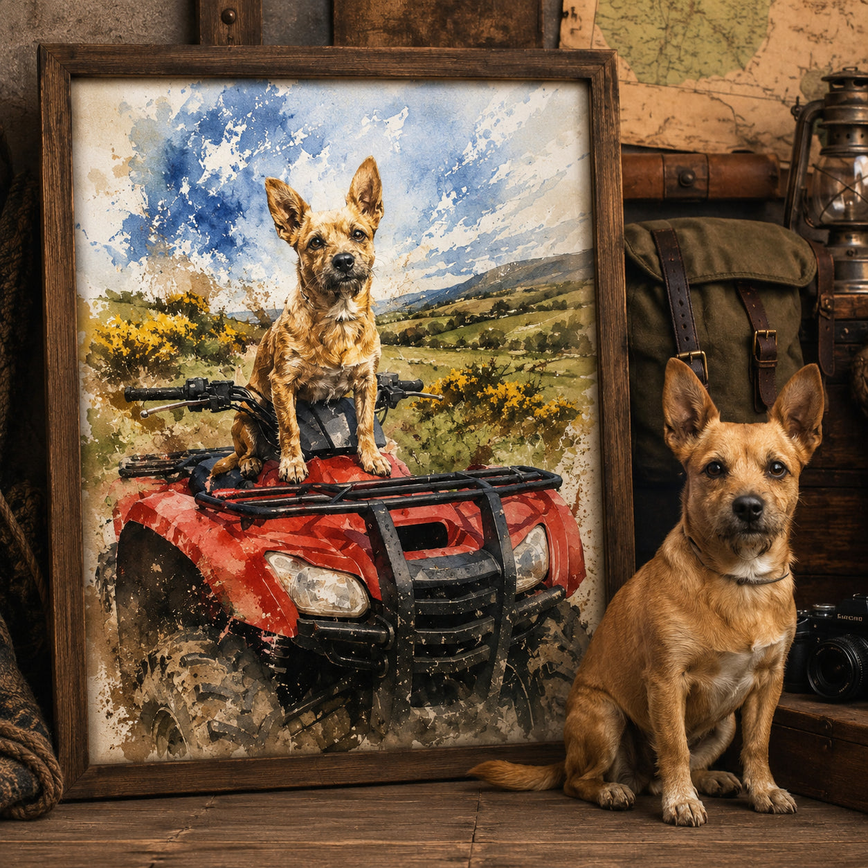 After: 12×16″ Walnut-Tone Framed Canvas — Soft Watercolor Memories illustration of Biscuit on the sofa, signed by your PetSoul artist