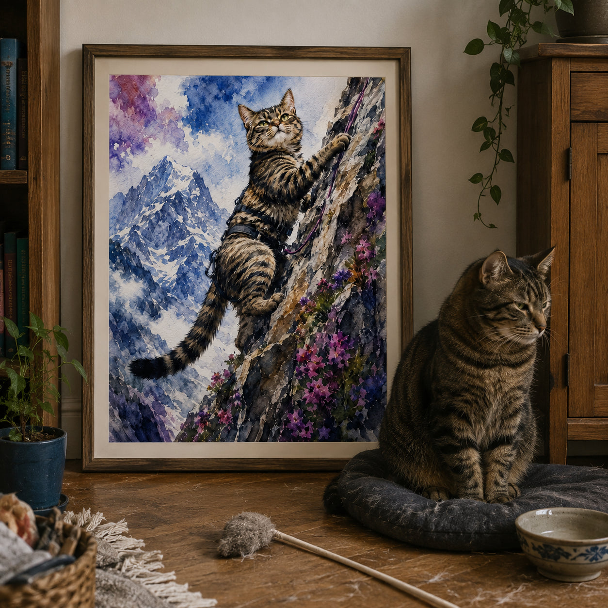 After: 12×16″ Black Framed Canvas — Soft Watercolor illustration of Bear by fireplace, warm amber tones