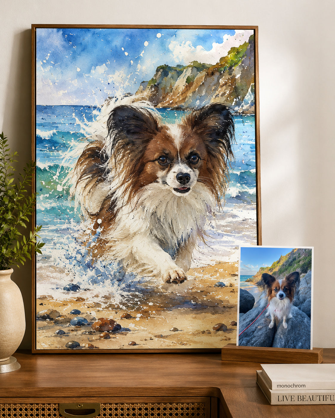 Maya R.'s Playful Moments Pet Portrait — Biscuit's Garden Zoomies hanging in her feature wall in Maya's home