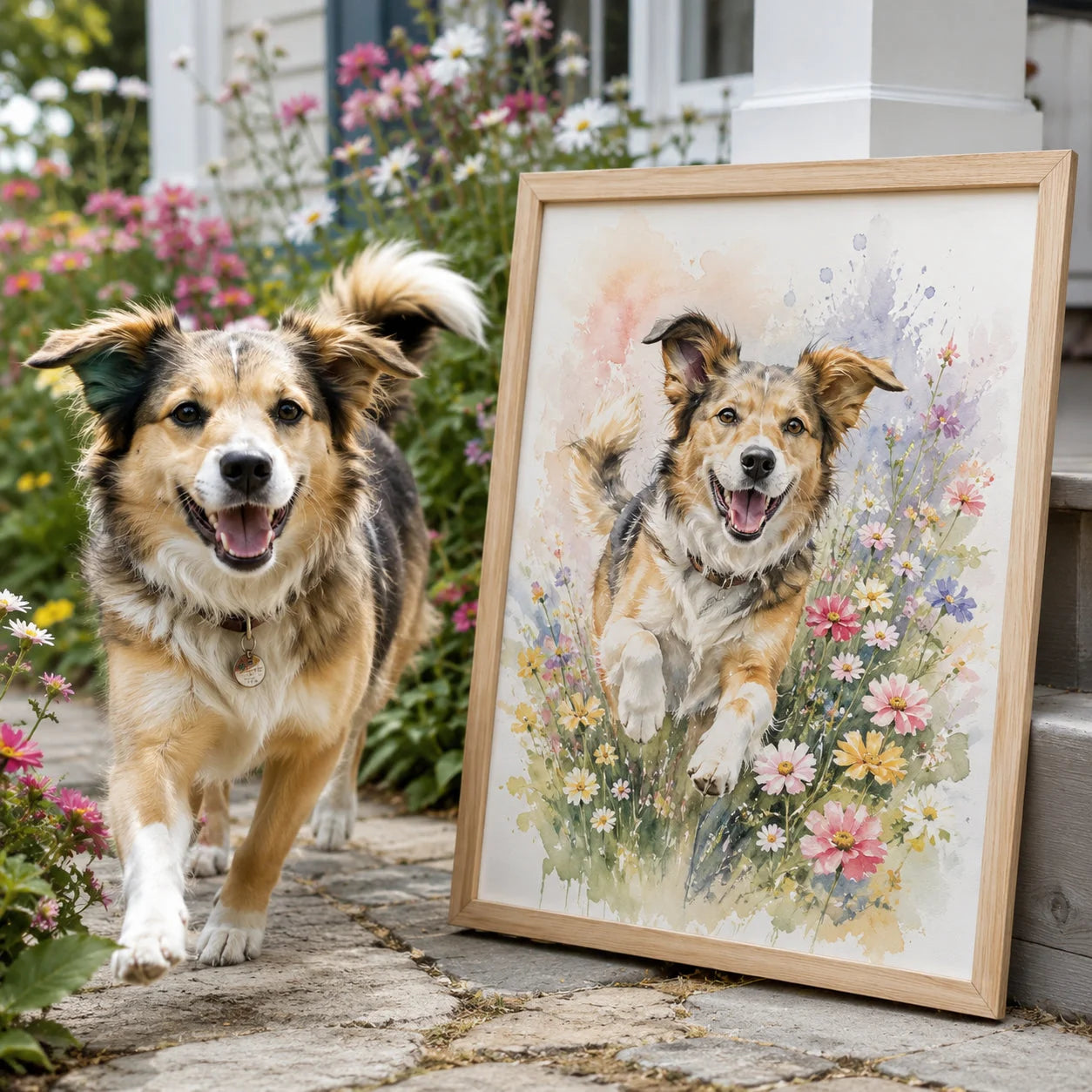 A dog beside its hand-illustrated PetSoul watercolor portrait