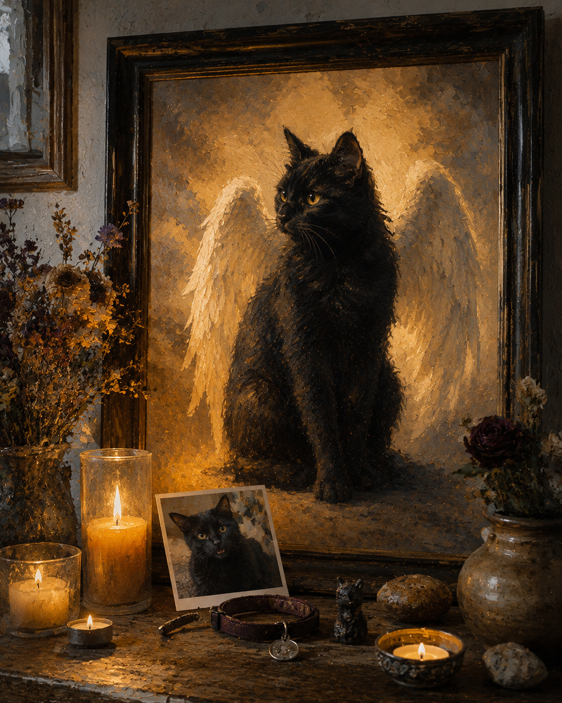 Framed Senior Love portrait on bedside table beside Buster's blanket