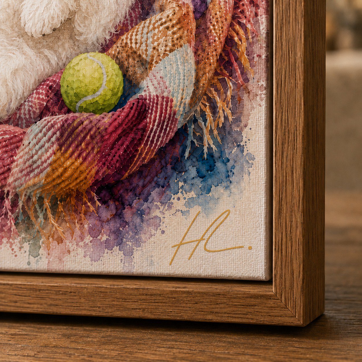 Oil-paint texture and artist signature detail