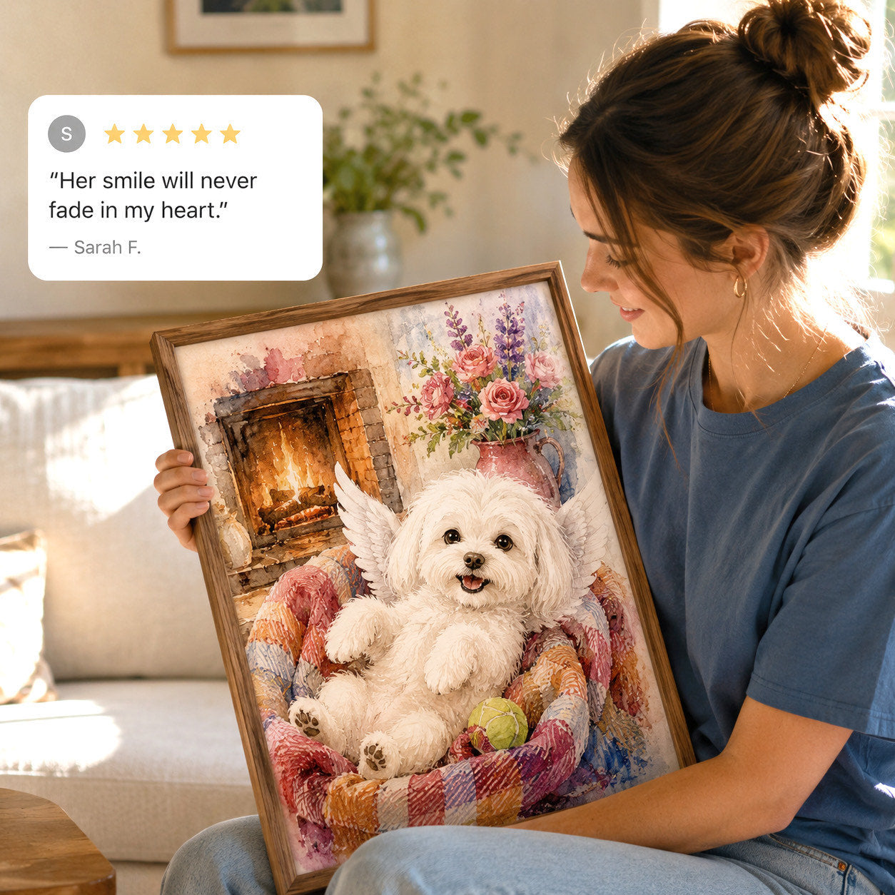 Customer holding her framed memorial portrait