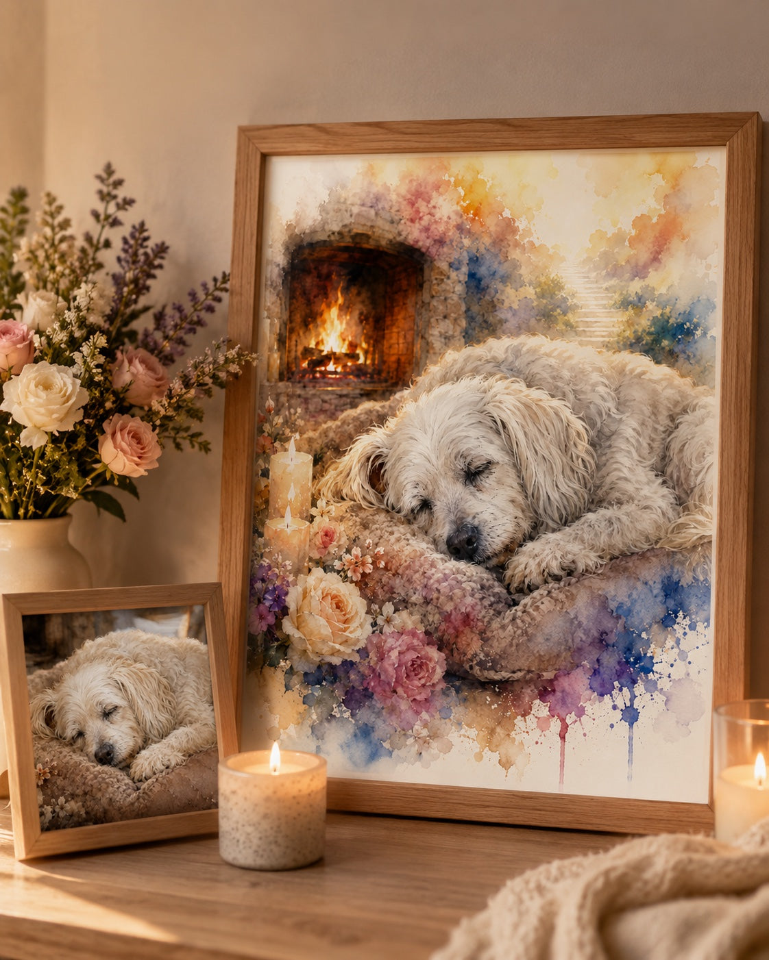 After: 12×16″ Oak-Tone Framed Canvas — Timeless Oil Memorial illustration of Buddy curled in the sofa corner cushion, signed in gold leaf