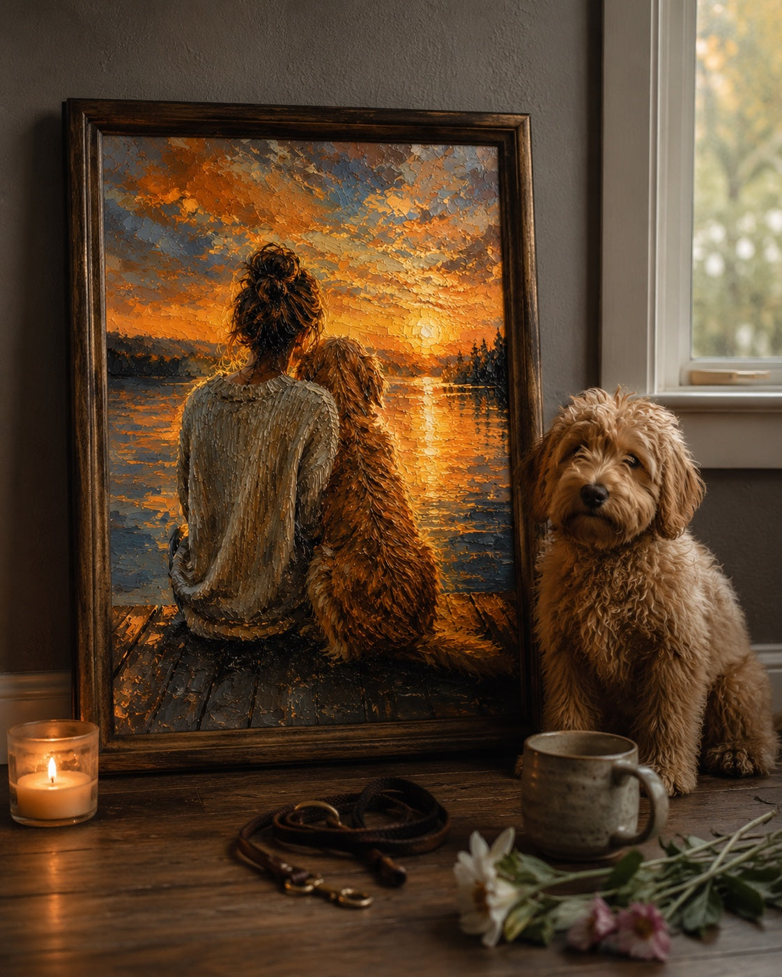 After: 12×16″ Black Framed Canvas — Timeless Oil Memorial illustration of Luna sunning on the garden bench by the rose bush, gold-leaf signature