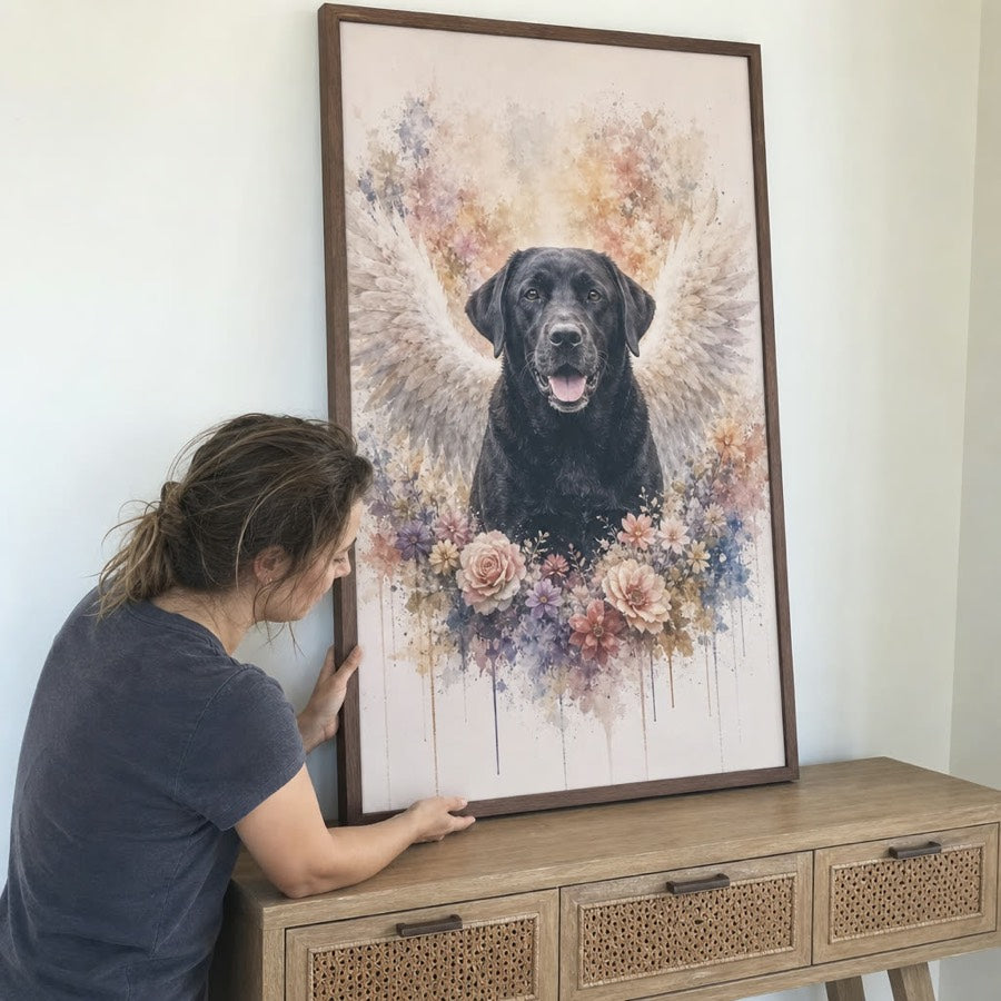 Diesel black dog on the mudroom bench — customer photo