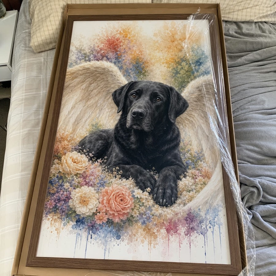 Zeus black lab on the hearth — customer photo