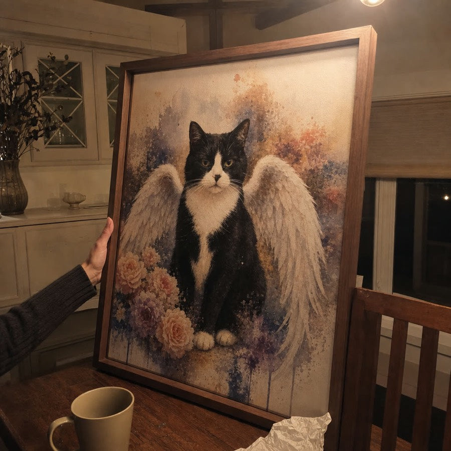 Felix tuxedo cat on the desk — customer photo