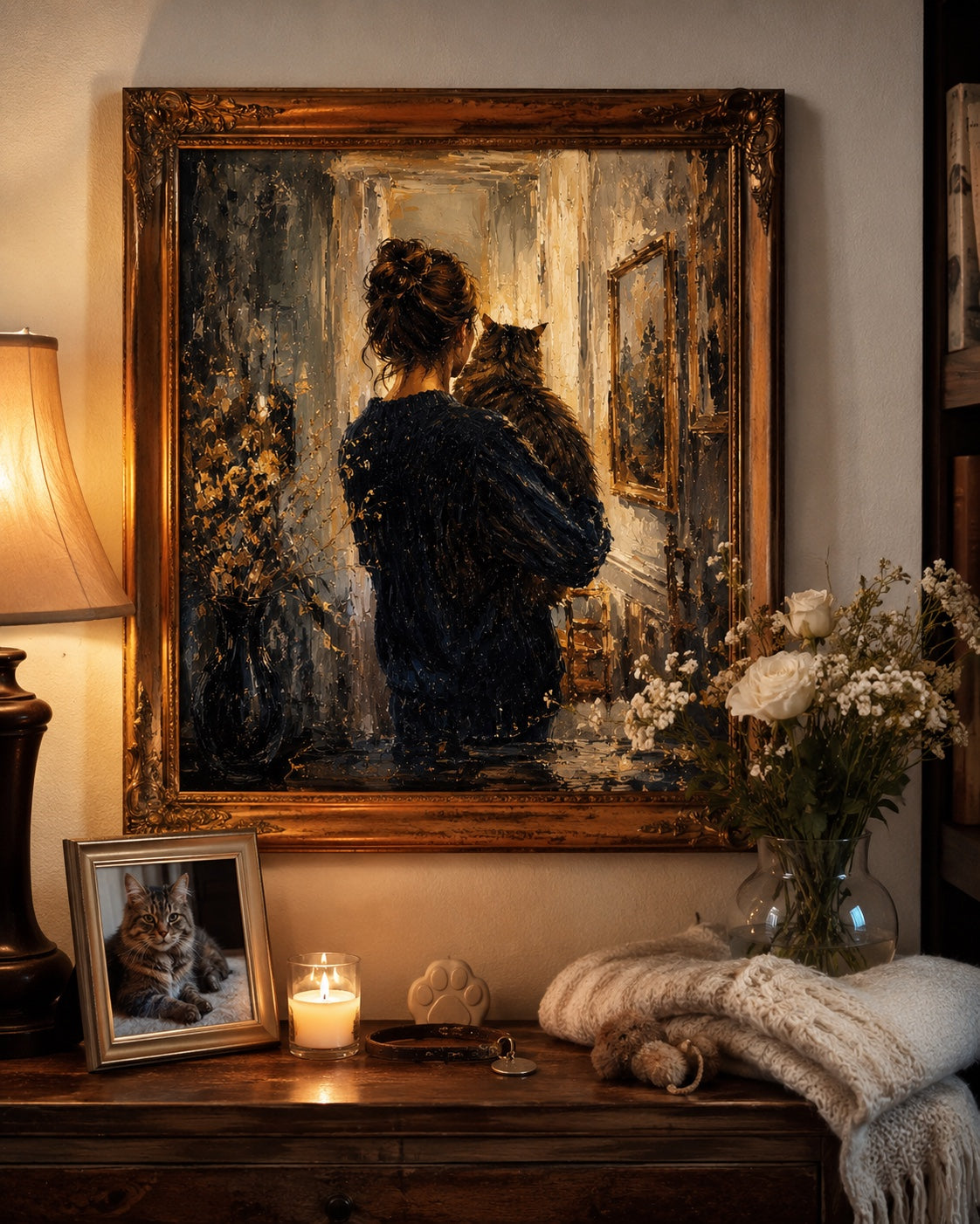 Stage 3 — Final Timeless Oil Memorials illustration of Whiskers in the sunlit corner, hand-illustrated by your matched PetSoul memorial artist with gold-leaf signature