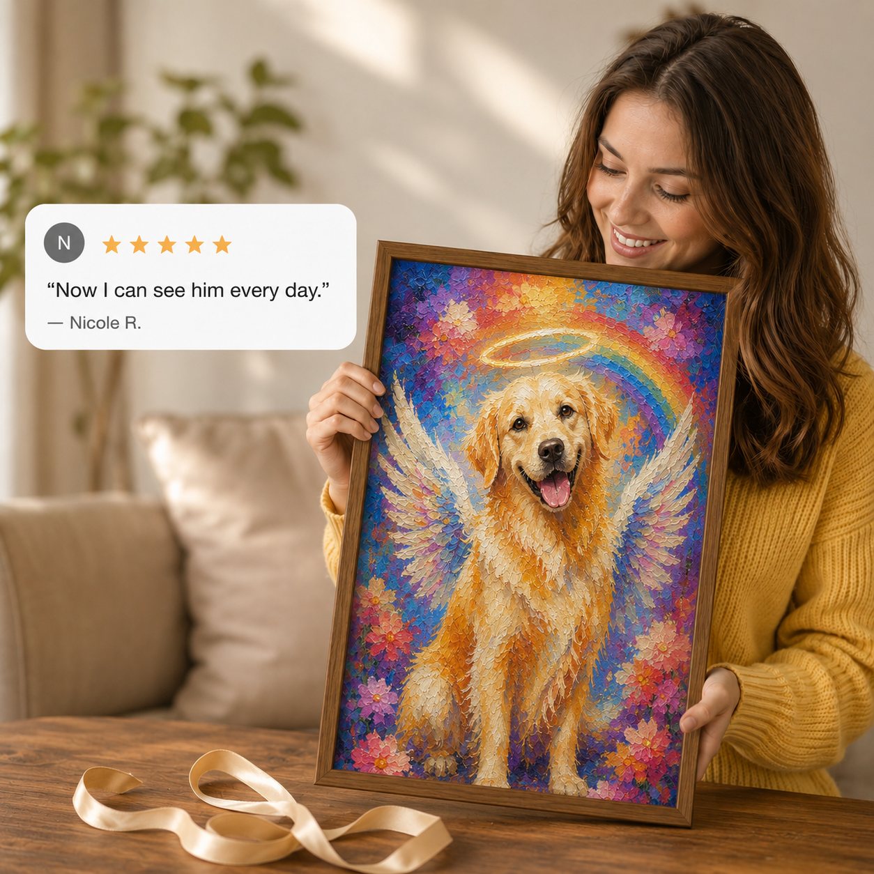 Customer holding her framed memorial portrait