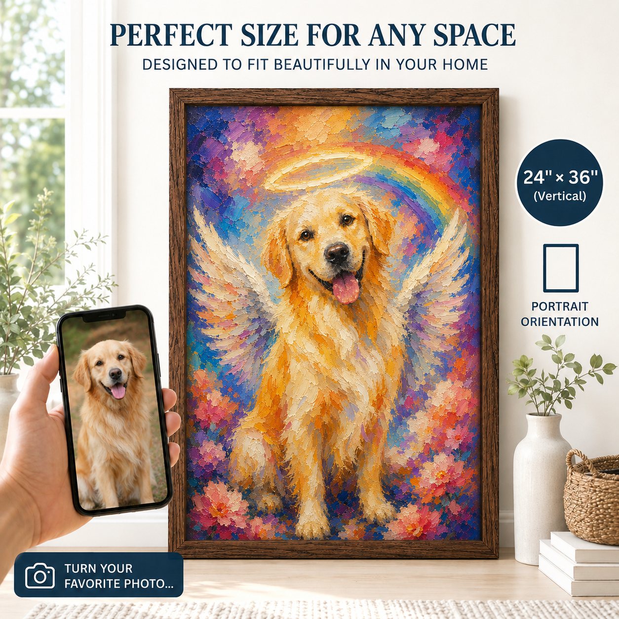 Rainbow Bridge memorial portrait in a walnut-tone frame, sized in a room