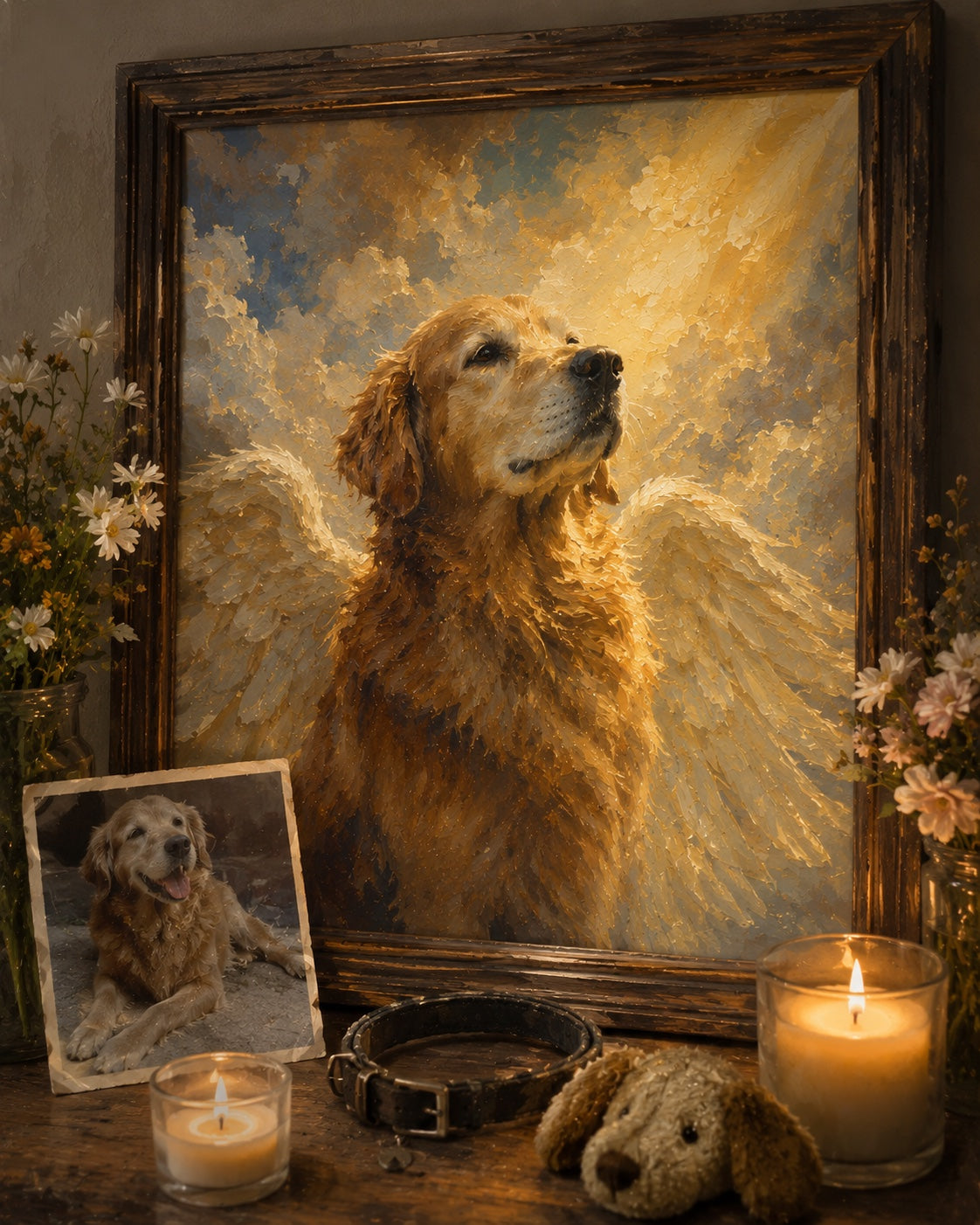 Rainbow Bridge Memorial Pet Portrait — They Crossed Gently in Walnut-Tone Framed Canvas, resting on a mantelpiece beside a candle and a memorial card