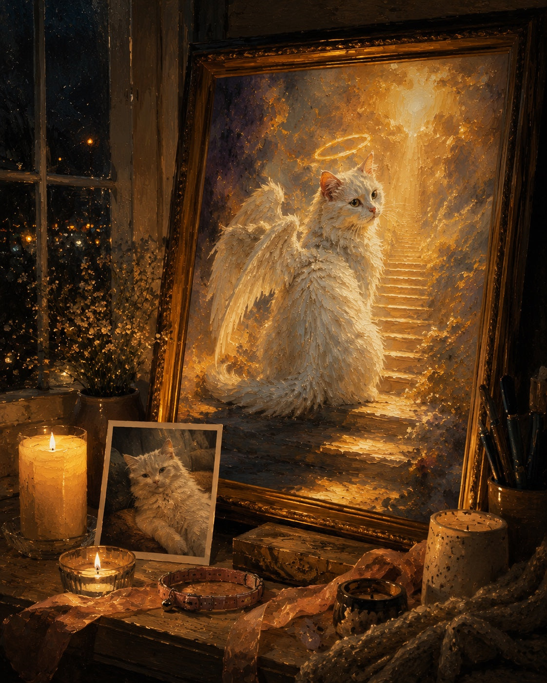After: 12×16″ Oak-Tone Framed Canvas — Timeless Oil Memorial illustration of Whiskers with angel wings, signed in gold leaf