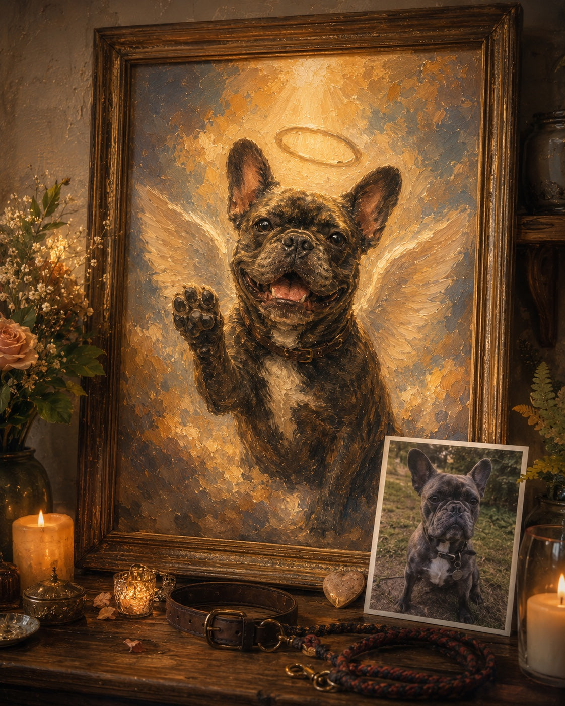 After: 12×16″ Black Framed Canvas — Timeless Oil Memorial illustration of Cooper (frenchie) with angel halo and wings, gold-leaf signature