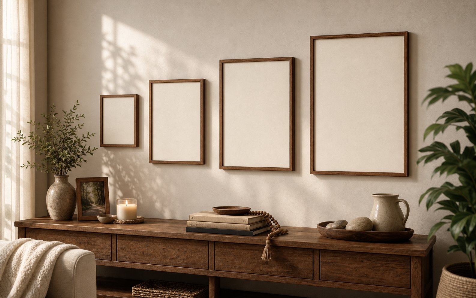 Four blank walnut-tone framed canvas sizes compared on one wall: 8 by 10, 12 by 16, 18 by 24, and 24 by 36 inches