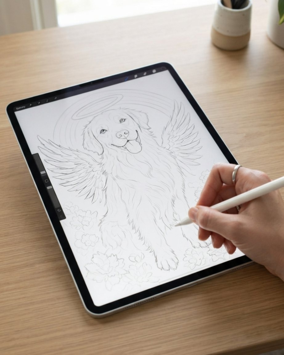 Stage 2 — Pencil concept sketch by your matched PetSoul memorial artist — composition, pose, and reverent mood worked out before oil