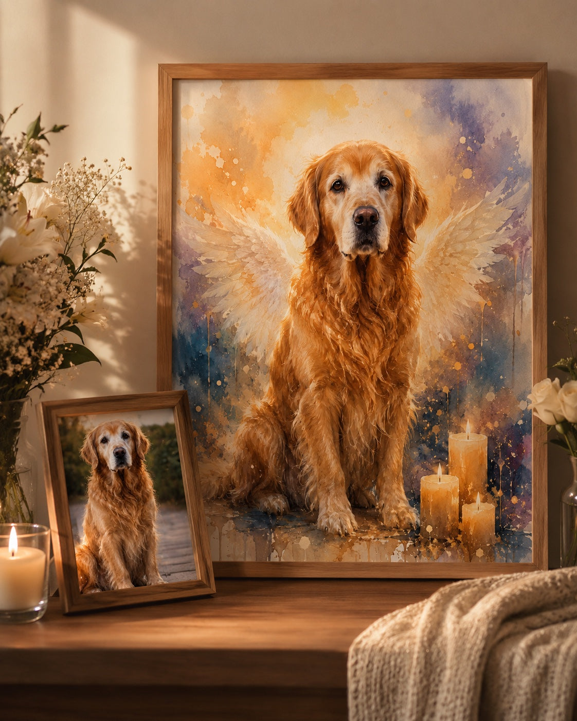 Stage 3 — Final Timeless Oil Memorials illustration of Buddy, hand-illustrated by your matched PetSoul memorial artist with gold-leaf signature
