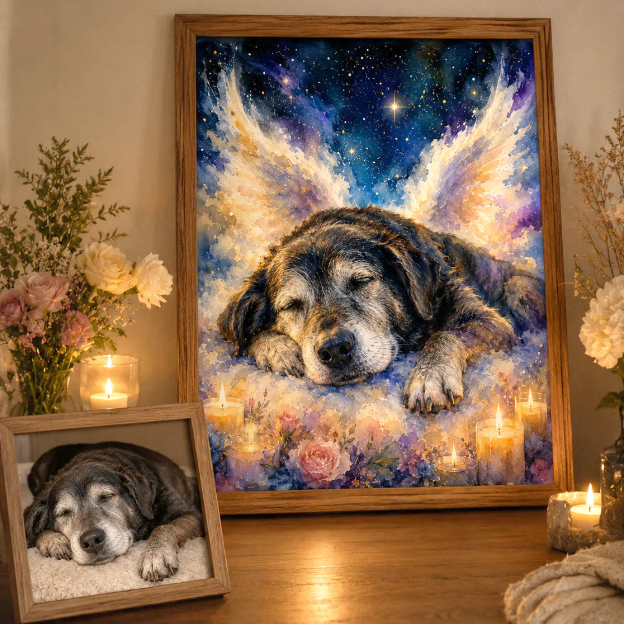 Customer holding her framed memorial portrait