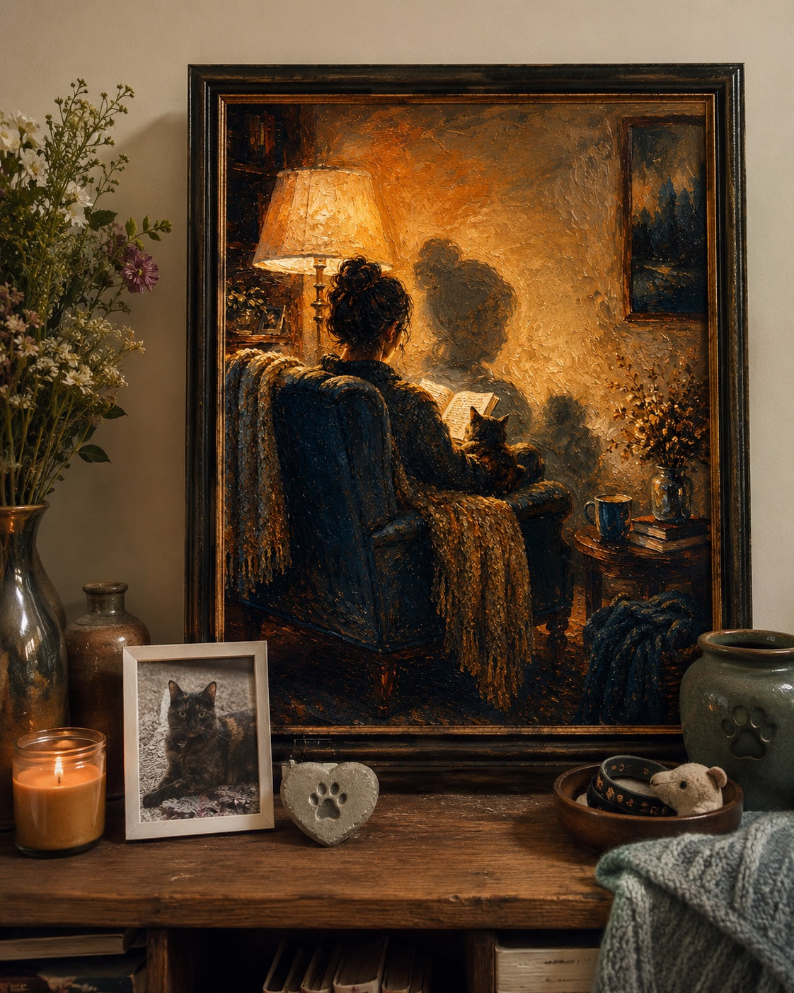 After: 12×16″ Oak-Tone Framed Canvas — Timeless Oil illustration of Sebastian L. reading by the lamp with Mochi (17-year-old cat) curled on his lap, signed in gold leaf